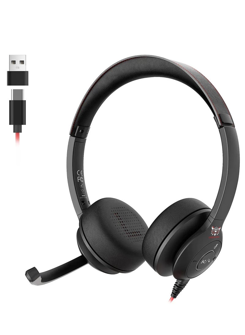 onikuma X37 Professional Wired Computer Headset with Noise Cancelling Microphone, HD Clear Audio, Adjustable Metal Headband and Comfortable Over-Ear Design with USB & Type-C Connectivity for Call Center and Office Use -Black - Image 1
